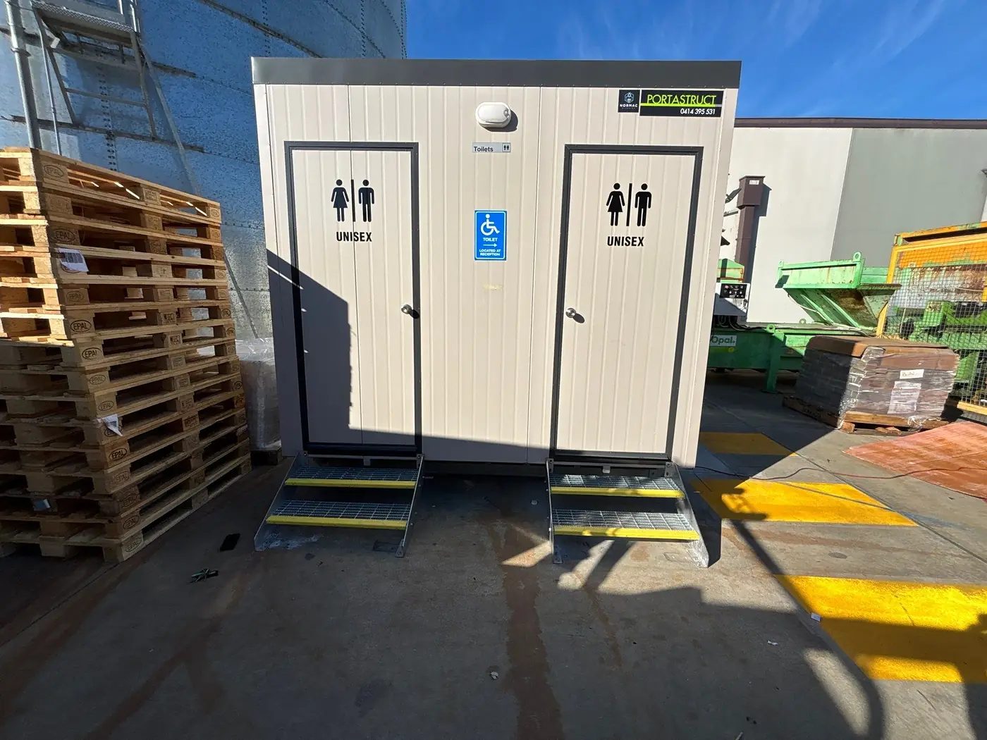 Completed commercial amenities building on an industrial site