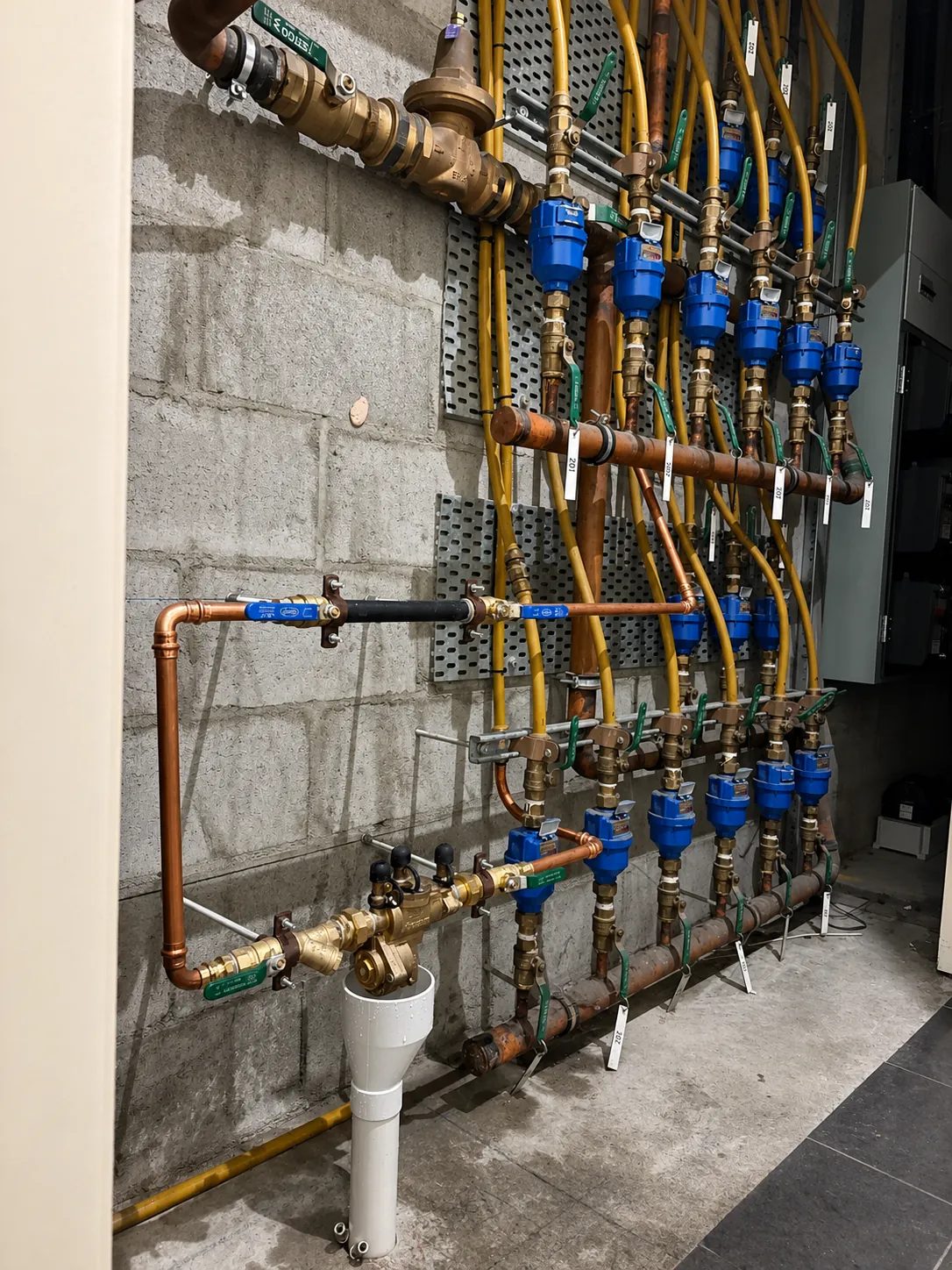 Labelled and tagged water and gas manifold with individually metered isolation valves